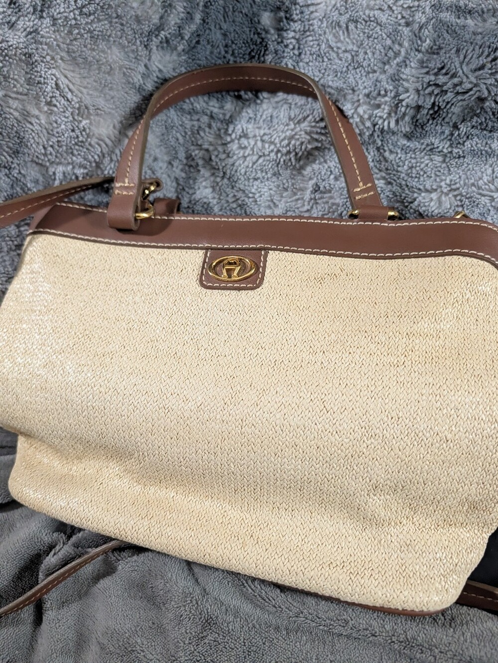 Etienne Aigner Y2K Woven Basket Purse Leather Trim Leopard Print Interior